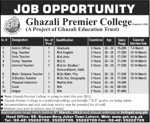 Jobs in Ghazali Premier College
