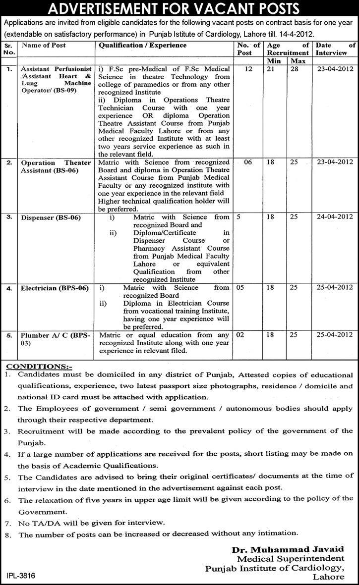 Job Opportunities in Punjab Institute of Cardiology Lahore