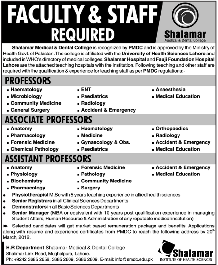 Shalamar Medical And Dental College Lahore Pakistan Jobs