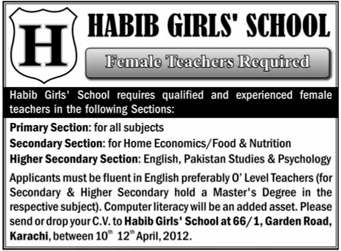 Job Opportunities in Habib Girls School Karachi 2012