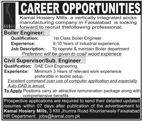 Jobs In Kamal Hosiery Mills Faisalabad Punjab Pakistan