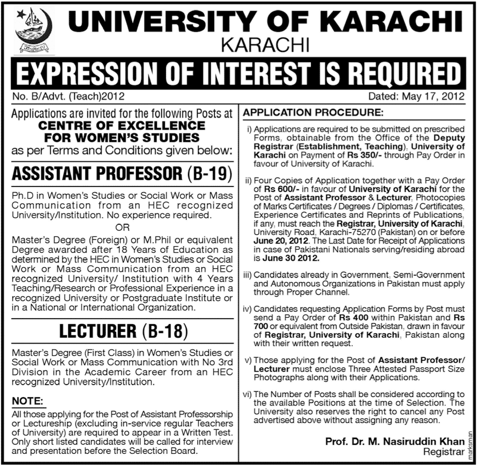 Lecturer Jobs in University of Karachi 2012