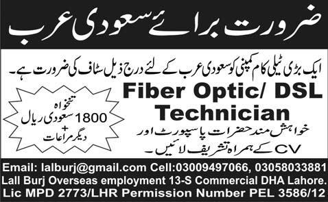 fibre optic and dsl technician Jobs in Saudi Arabia for Pakistanis