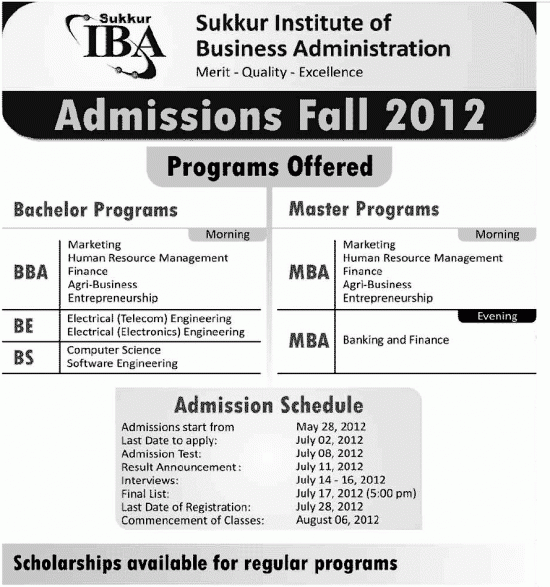 sukkur institute of business administration Admissions 2012
