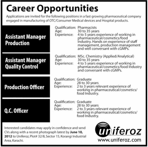 uniferoz pharmaceuticals Jobs in Karachi 2012