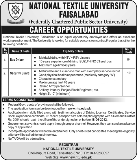 Driver Security Guards Jobs in National Textile University Faisalabad