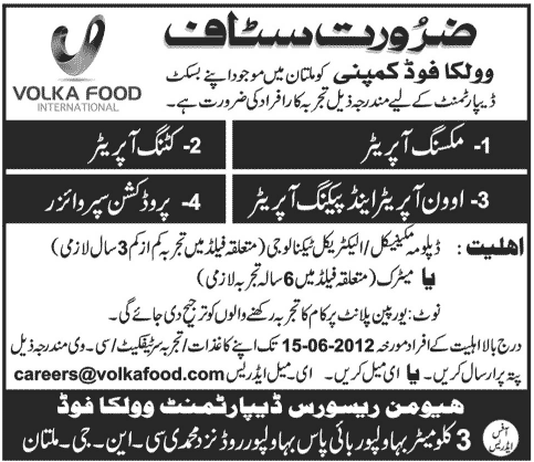 Volka food Jobs In Lahore Pakistan