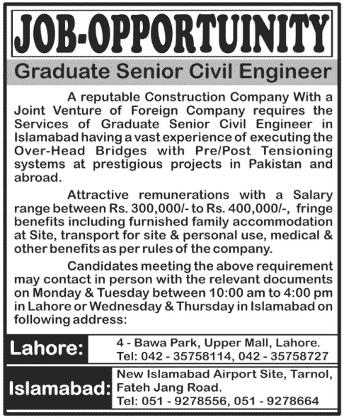 graduate senior civil Engineering Jobs in Lahore Pakistan