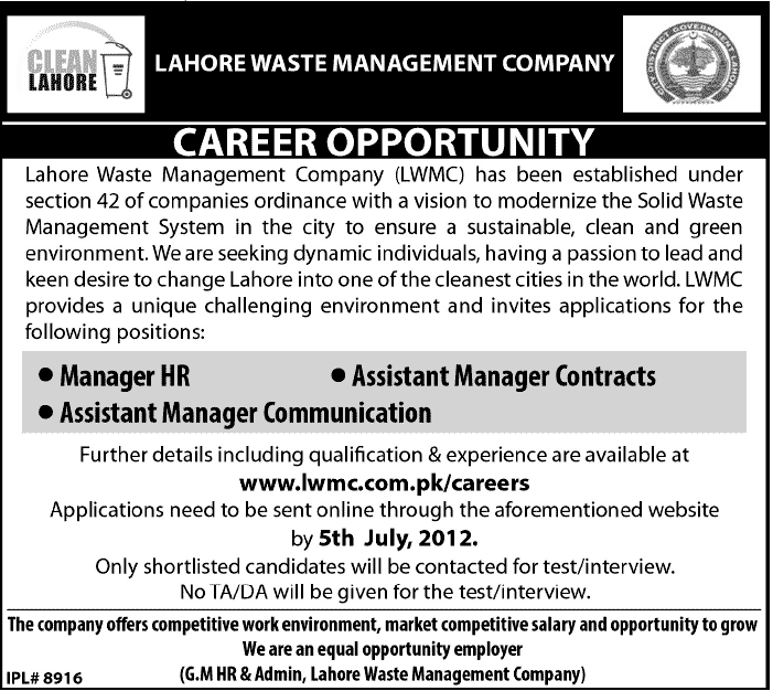 jobs in lahore wast management company