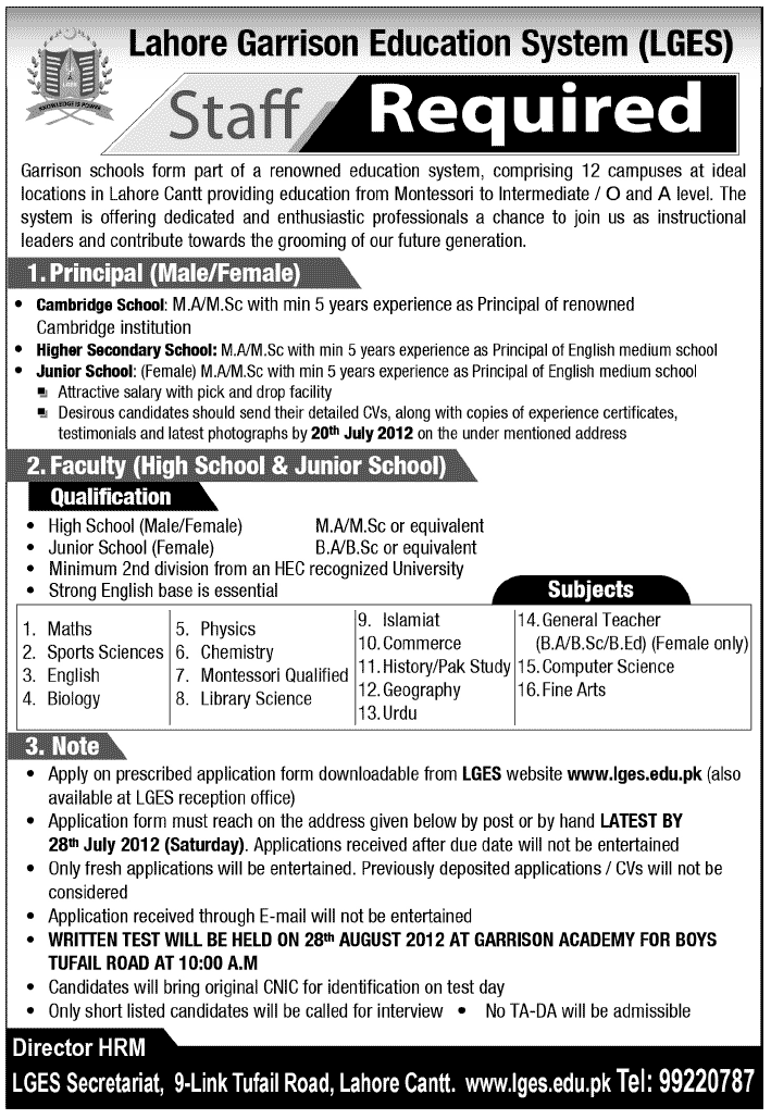 Lahore Garrison Education System (LGES) Jobs Opportunities