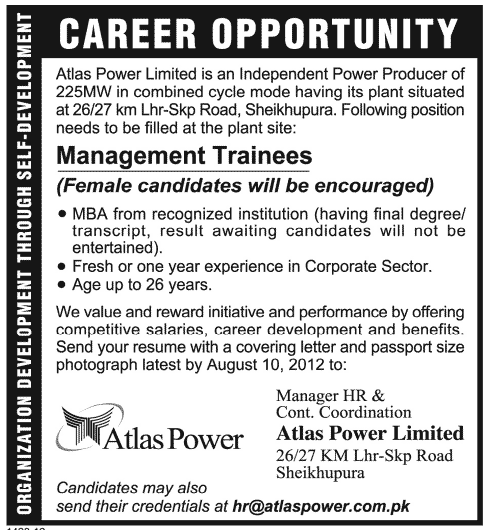 Management Trainees Jobs in Atlas Power Limited
