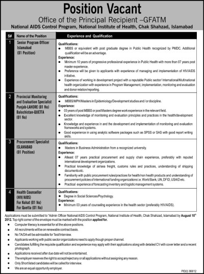 National Institute of Health Islamabad Jobs for Doctors