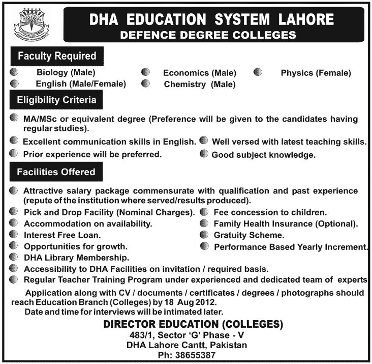 DHA Education System Lahore Defence Degree Colleges Jobs