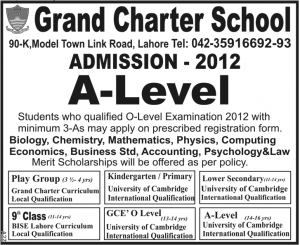 Grand Charter School Lahore Admissions Open 2012
