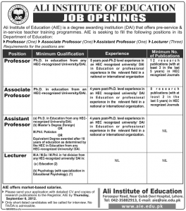 Jobs Opening in Ali Institute of Education Lahore 2012