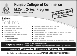 Punjab College of commerce Admission Open in M.com 2012