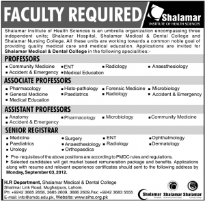 Teaching Jobs in shalamar Institute of Health Sciences