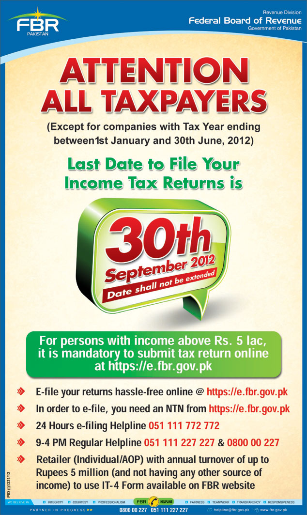 FBR Income Tax Deposit Last Date 30 September 2012
