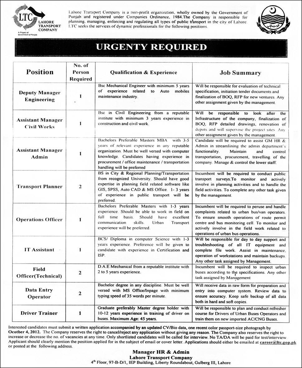 Jobs in Lahore Transport Company September-2012