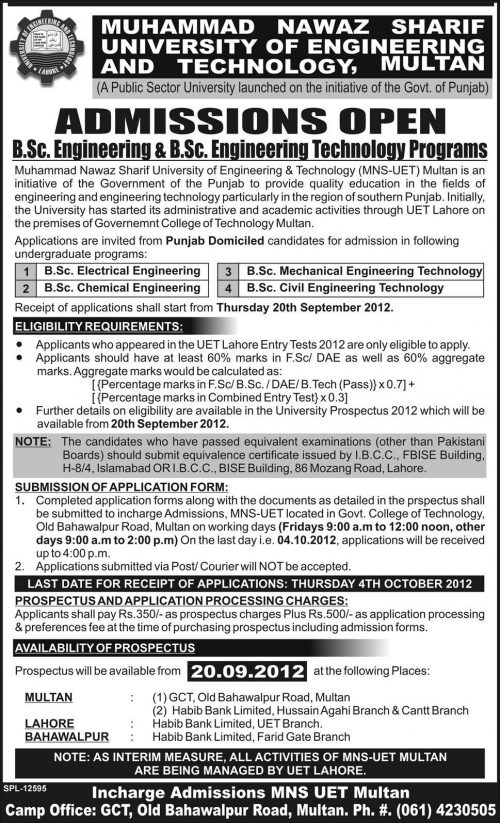 Muhammad Nawaz Sharif University of engineering & Technology Admissions 2012