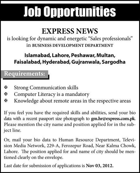 Express News Looking Sales Professional for Business Development