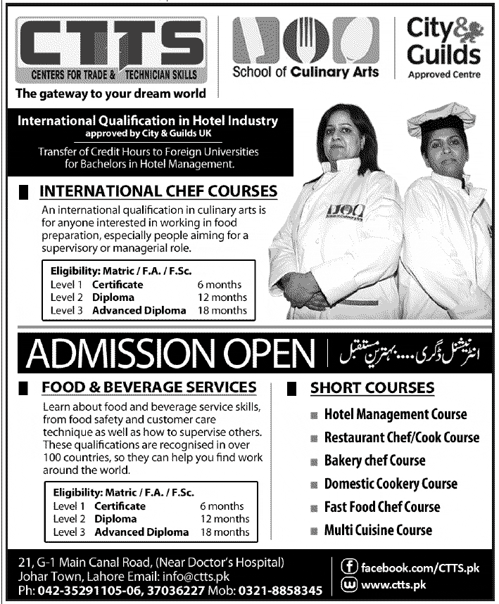 CTTS School of Culinary Arts Lahore Offer Chef Courses