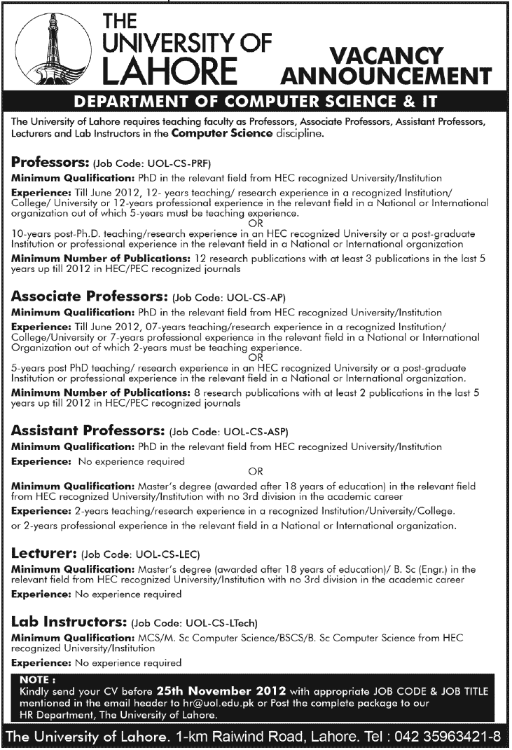 The University of Lahore Jobs in IT & Computer Department