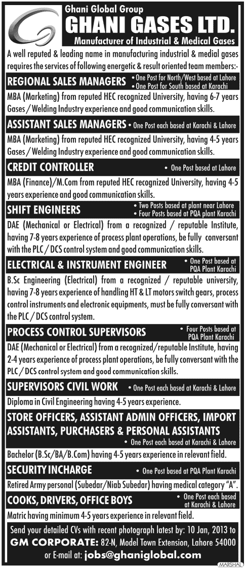 Ghani Gases Limited Lahore Jobs January 2013