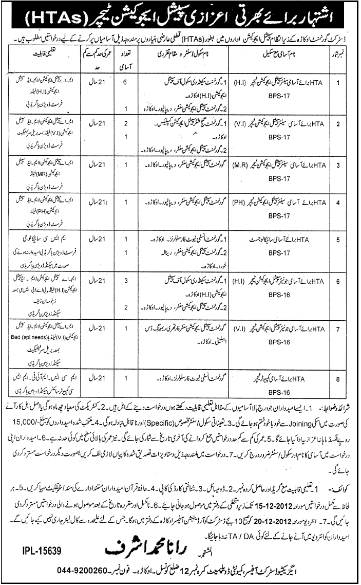 Government Teaching Jobs in Okara December 2012