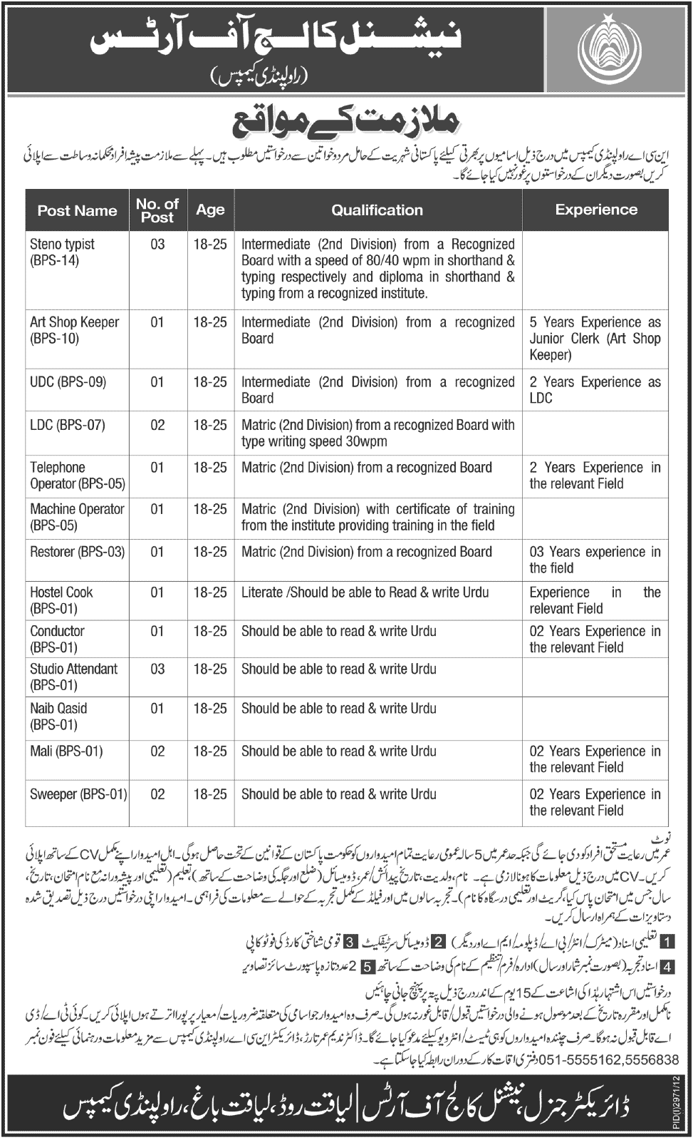 Jobs in National College of Arts Lahore January 2013