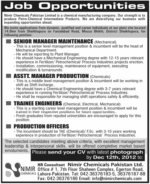 Nimir Chemicals Pakistan Limited Lahore Jobs