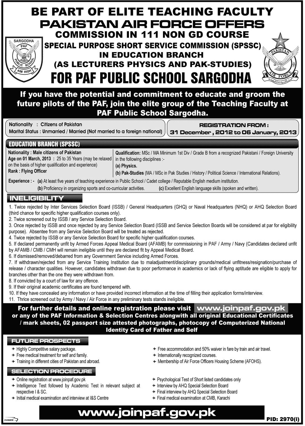 Teaching Jobs in Pakistan Air Force January 2013