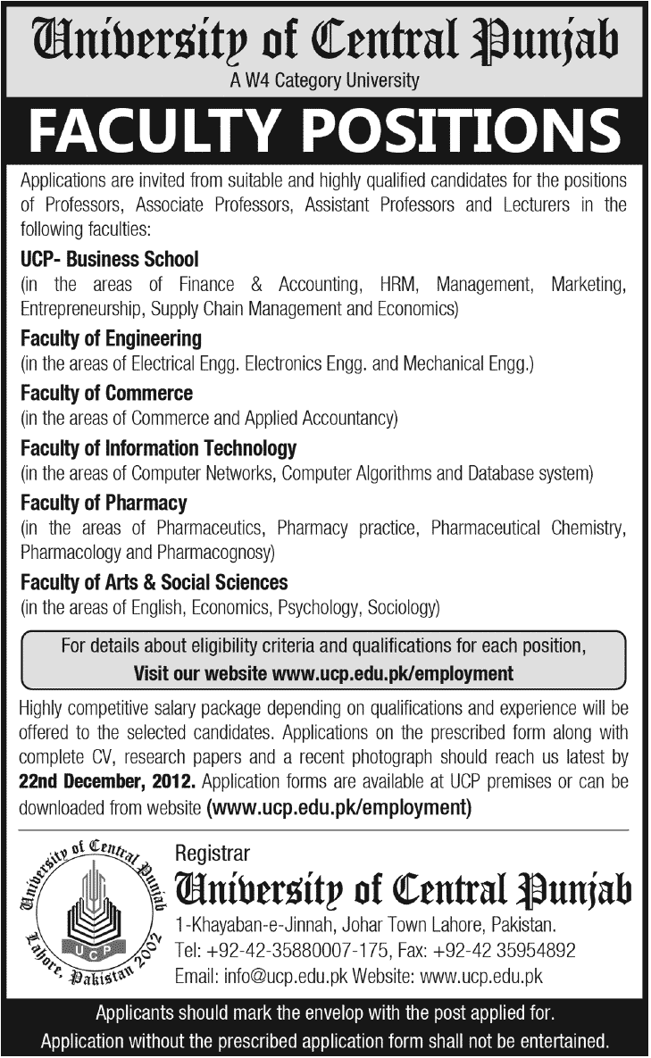 University of Central Punjab lahore Jobs