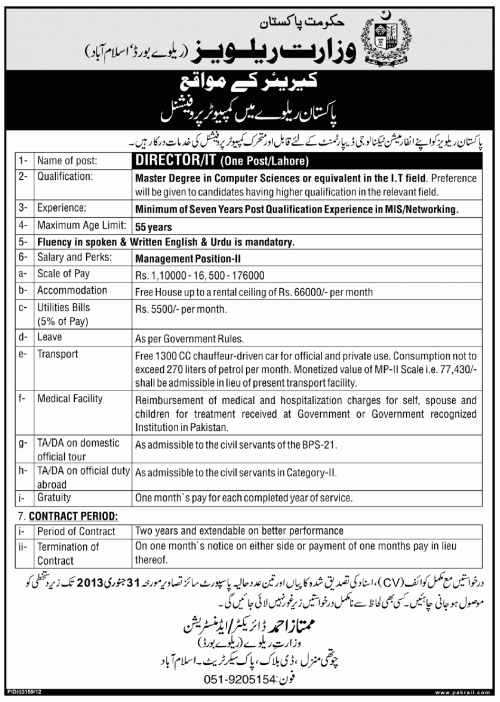 Jobs in Pakistan Railways as Computer Professional