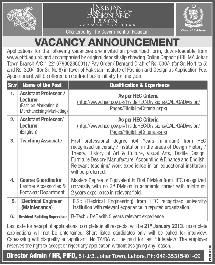 Jobs In Pakistan Institute of Fashion Design Lahore 2014 LearningAll