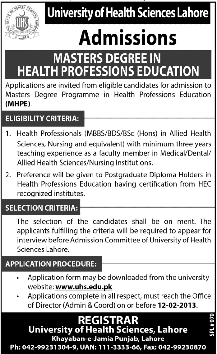 University Of Health Sciences Admissions 2013
