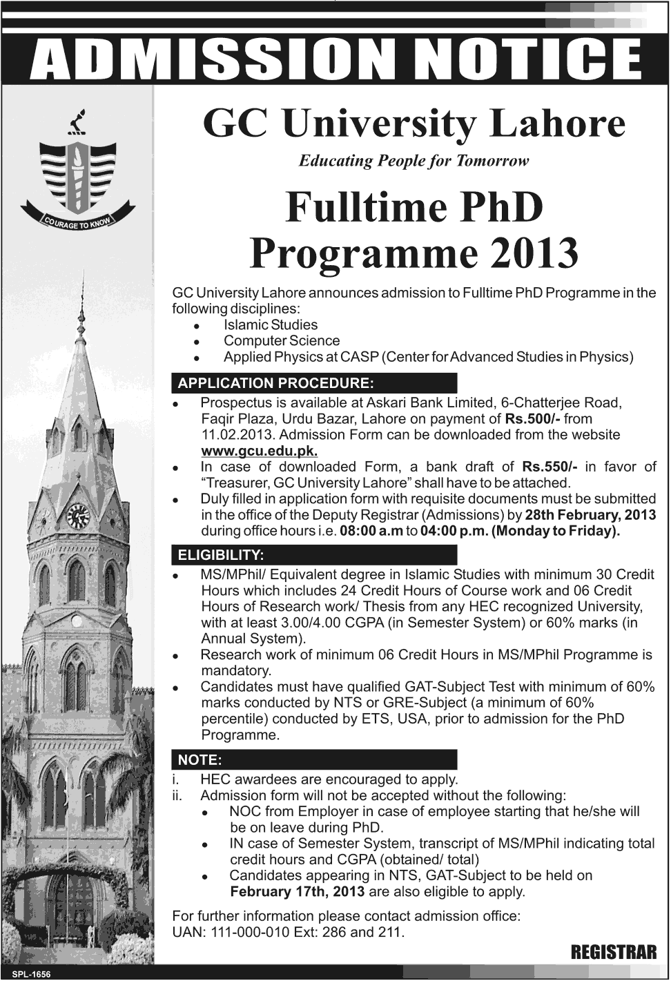 GC University Lahore PhD Admissions 2013