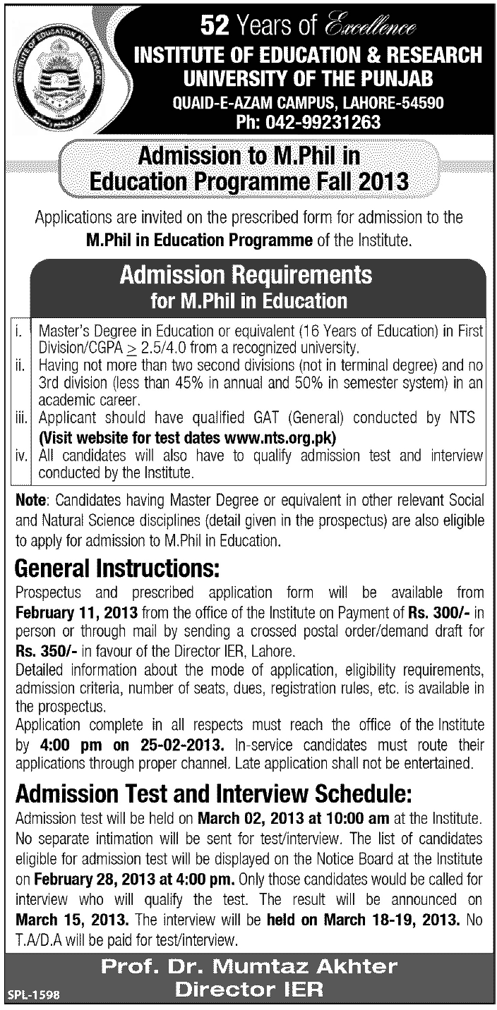 Institute Of Education and Research Punjab University MPhil Admissions 2013