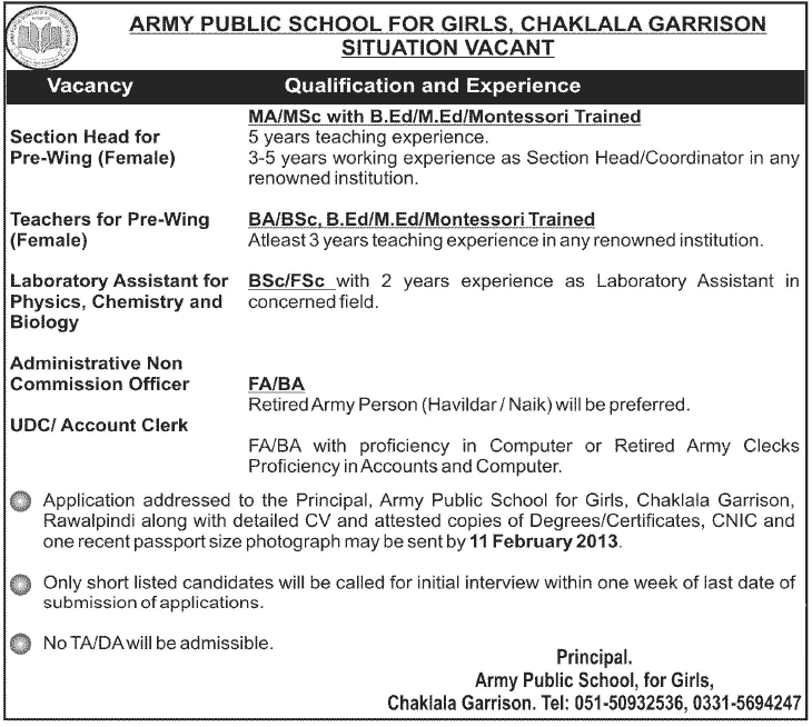 Jobs in Army Public School For Girls Chaklala Garrison
