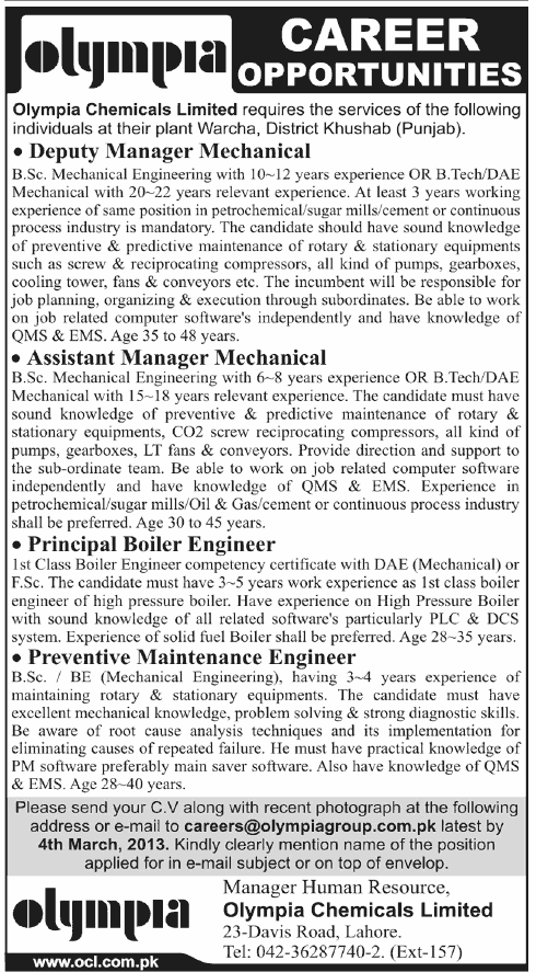 Jobs in Olympia Chemicals Limited Lahore 2013