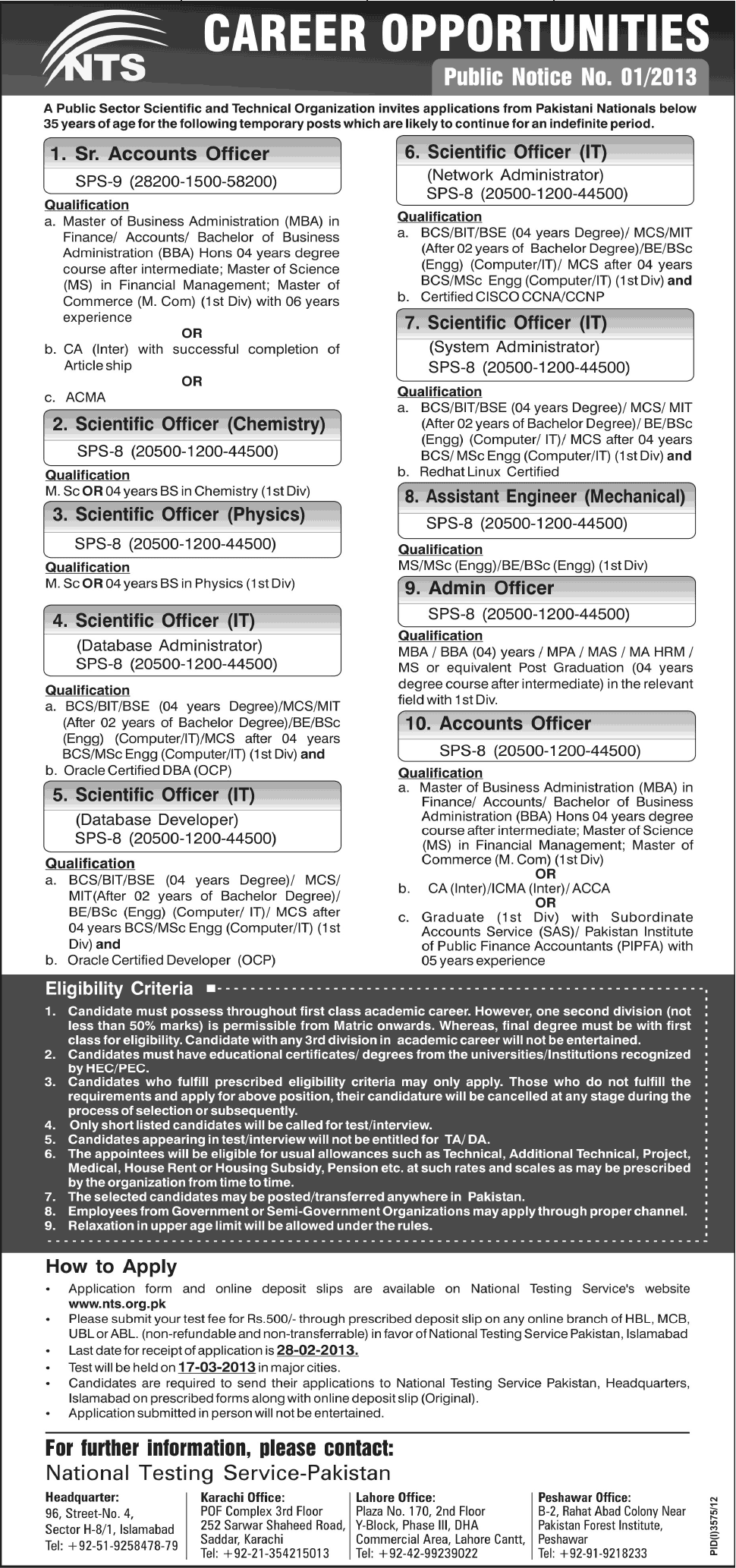 Jobs in Public Sector And Technical Organization Pakistan 2013