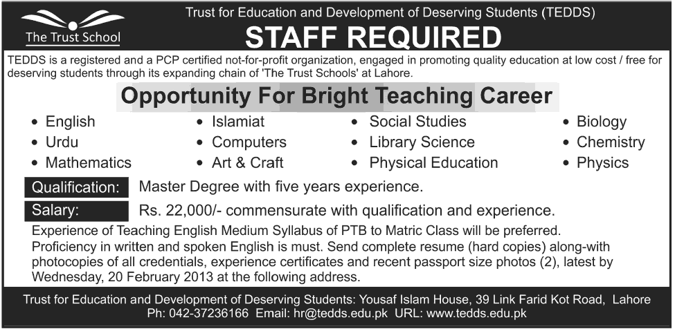 Jobs in Trust School Lahore