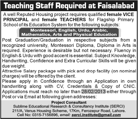 Teaching Staff Required At Faisalabad 23-February-2013