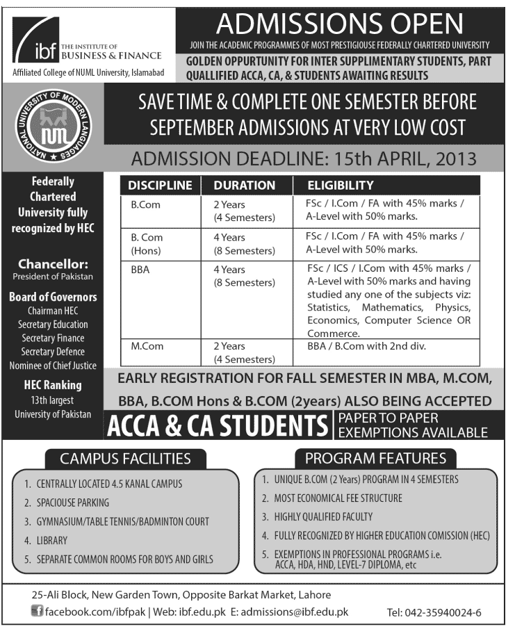 Institute of Business And Finance Admissions 2013