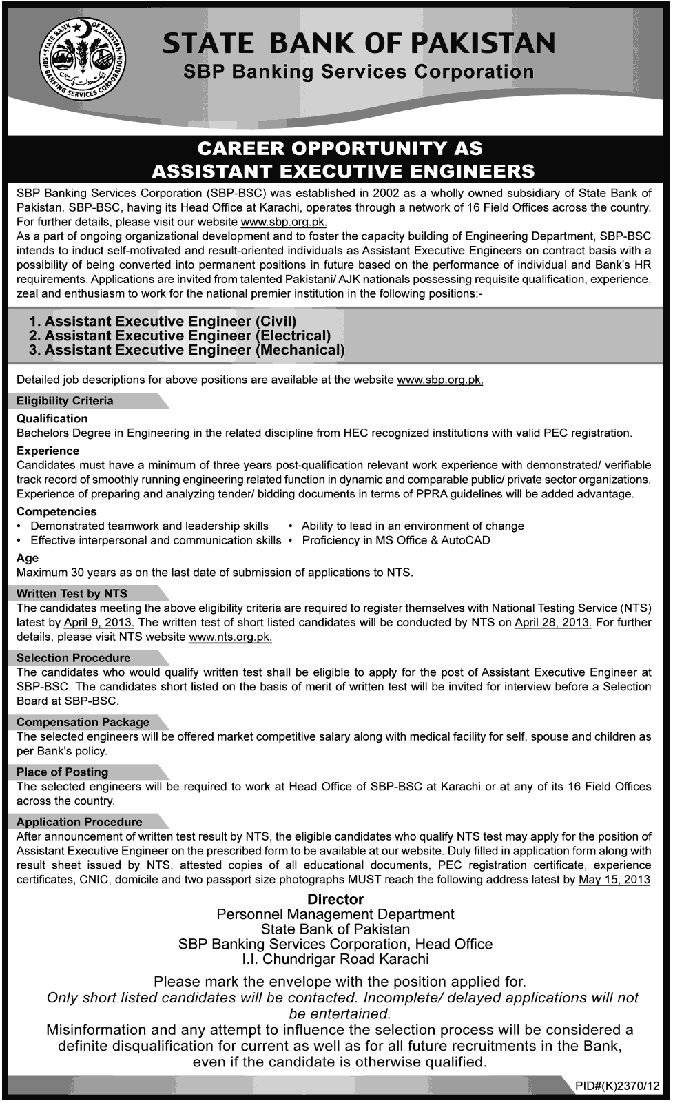 Jobs in State Bank Of Pakistan As Assistant Executive Engineers
