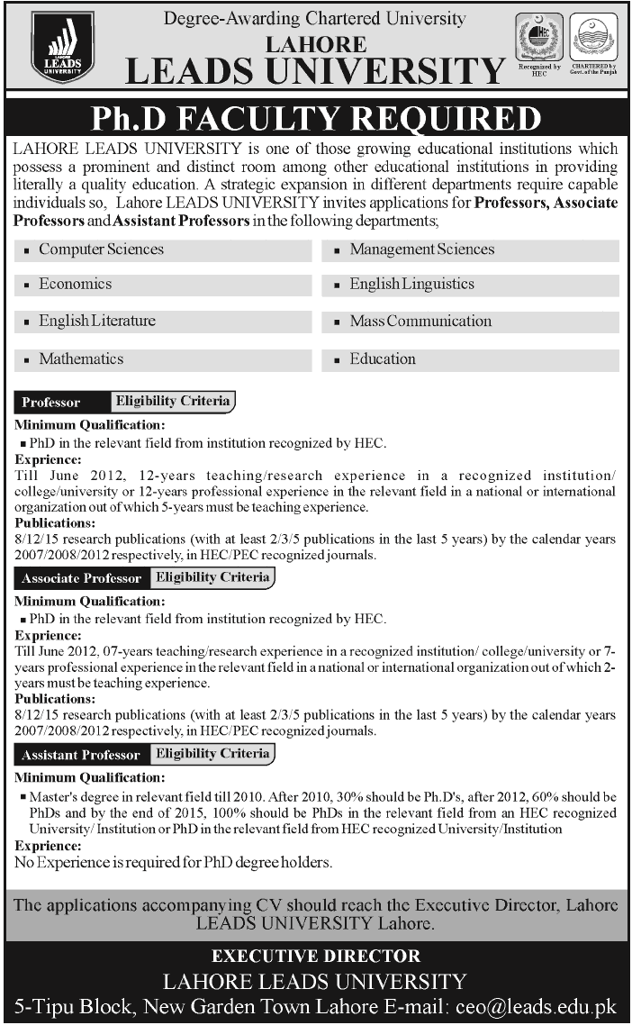 Lahore Leads University Ph.D Professor Jobs 2013
