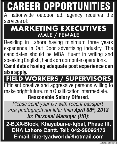 Marketing, Field workers, Supervisors, Jobs in Lahore 2013