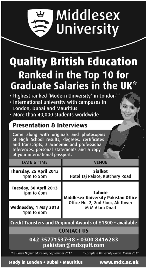 Admission Open in Middlesex University Pakistan 2013