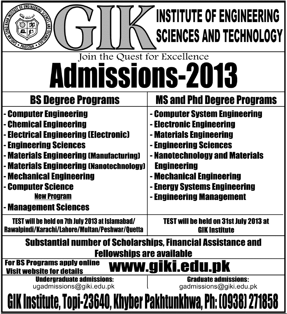GIK Institute of engineering Science & Technology Admissions 2013]