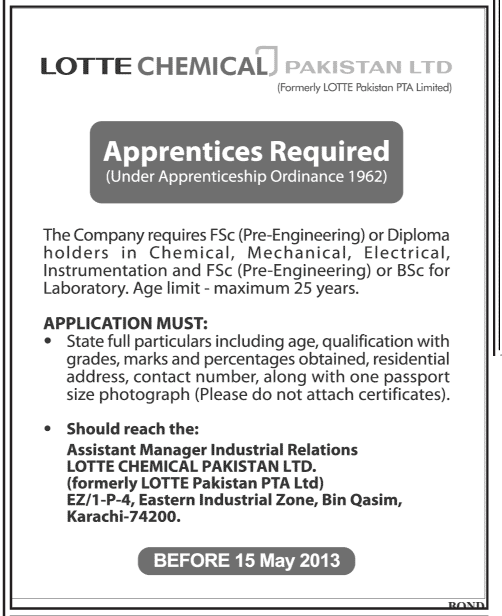 Lotte Chemical Pakistan Required Apprentices May 2013
